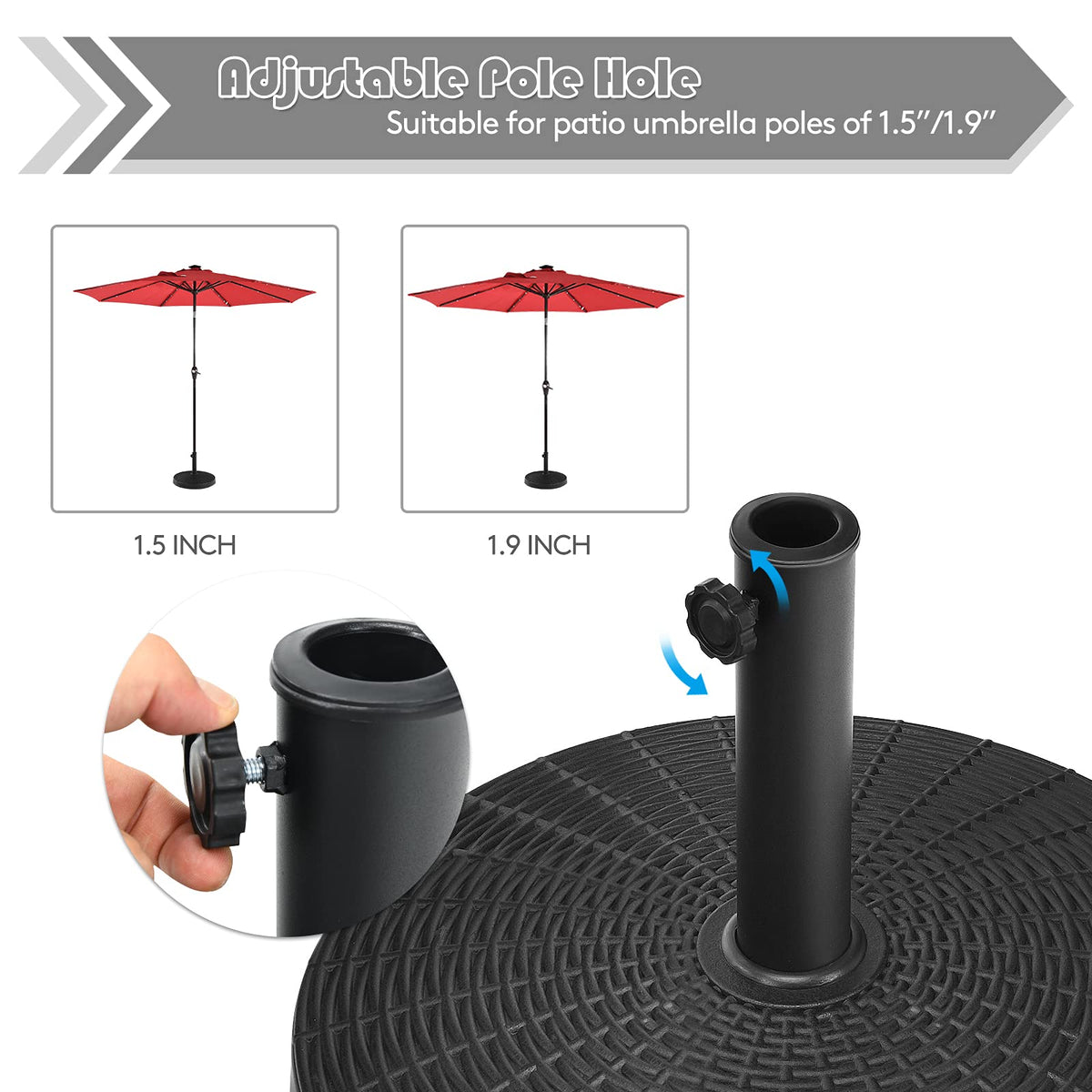 Tangkula base pole-hole sizes are 1.5 and 1.9 inches.