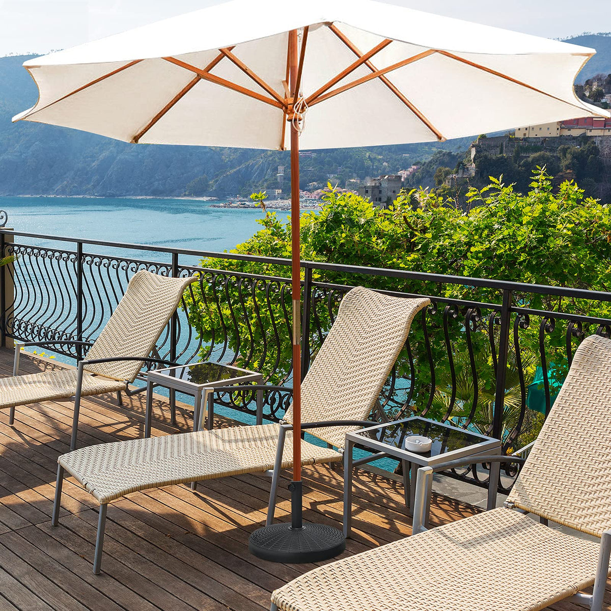 Tangkula umbrella base close-up shows a rattan design and stylish appeal.
