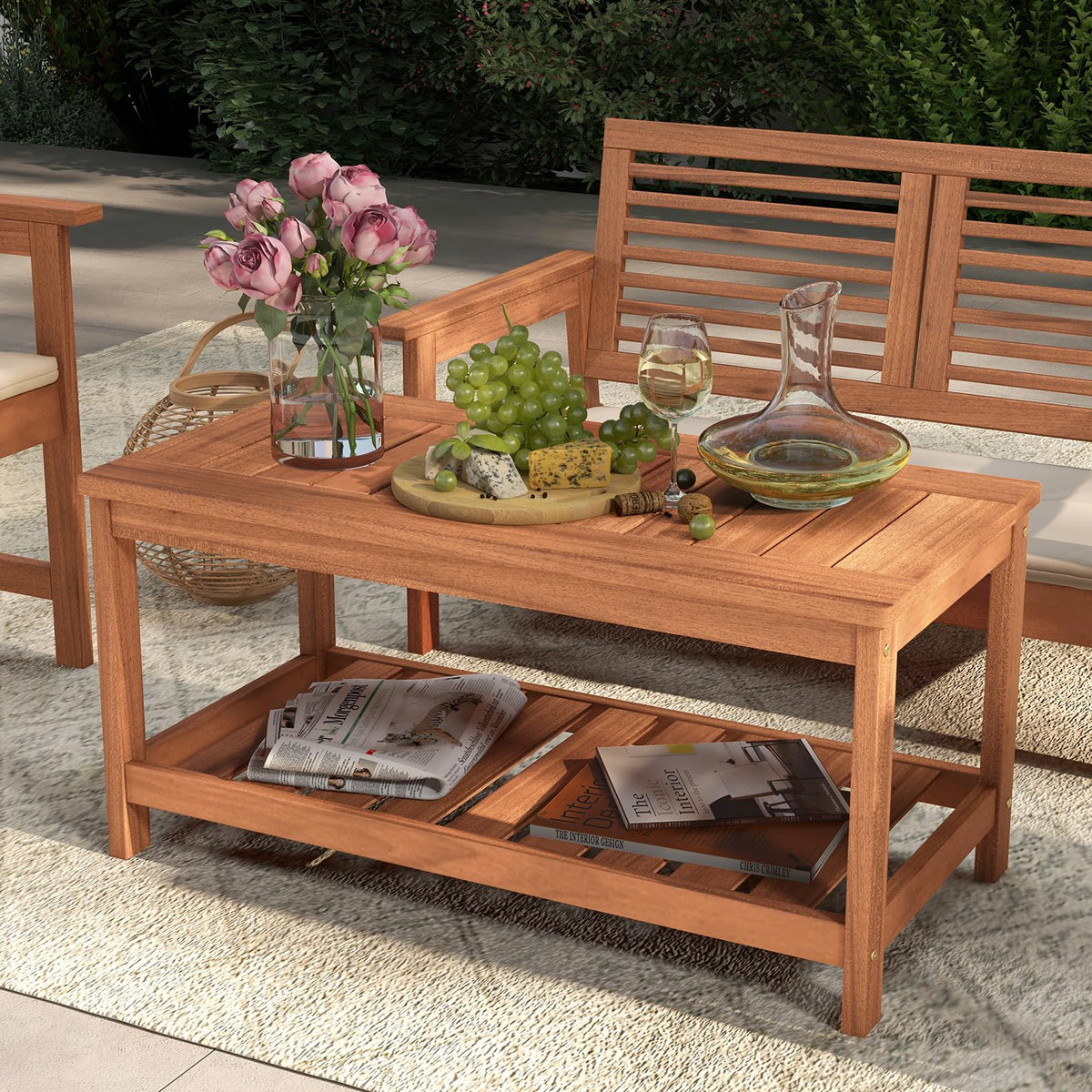 Tangkula Wood Outdoor Coffee Table full view showcases two-tier practicality in a compact footprint.
