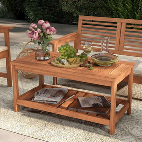 Tangkula Wood Outdoor Coffee Table full view showcases two-tier practicality in a compact footprint.