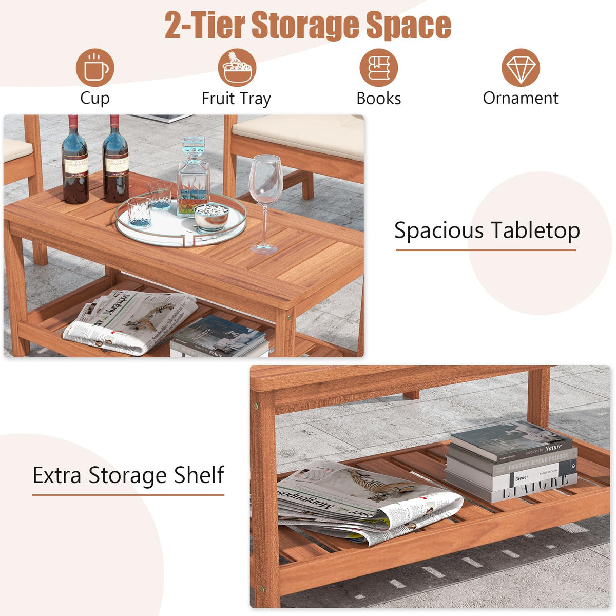 Tangkula Coffee Table side profile highlights sturdy legs for wobble-free stability.