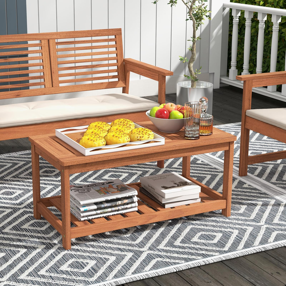 Tangkula Wood Outdoor Coffee Table storage shelf keeps essentials within reach during gatherings.