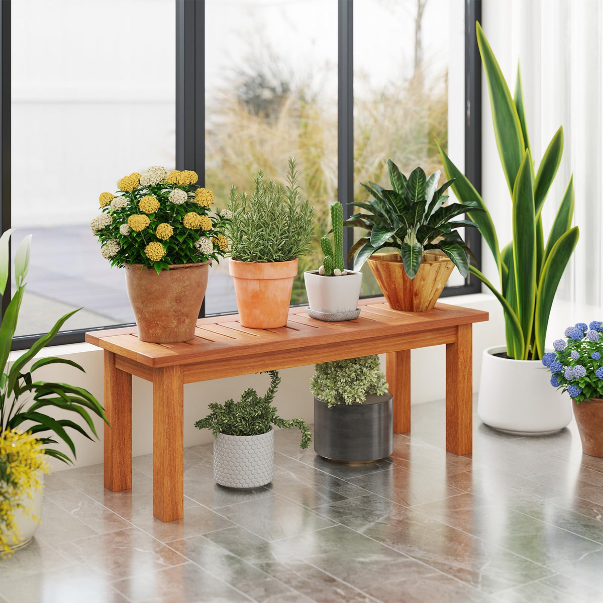 Tangkula solid Shorea wood stand showcases plants indoors and outdoors.