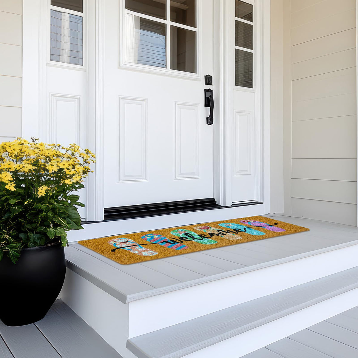 Tangren door mat with non-slip rubber backing stays put on wet days.