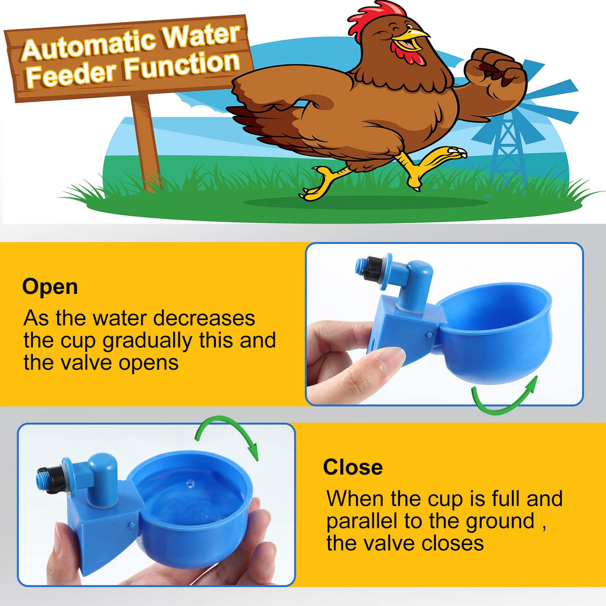 Tanlade chicken waterer cups dispense water to keep a fresh supply without manual operation.