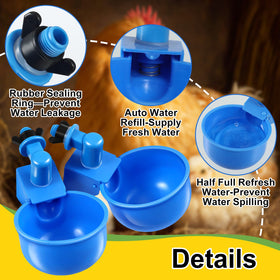 Tanlade gravity-fed waterer system automatically dispenses water as birds drink.
