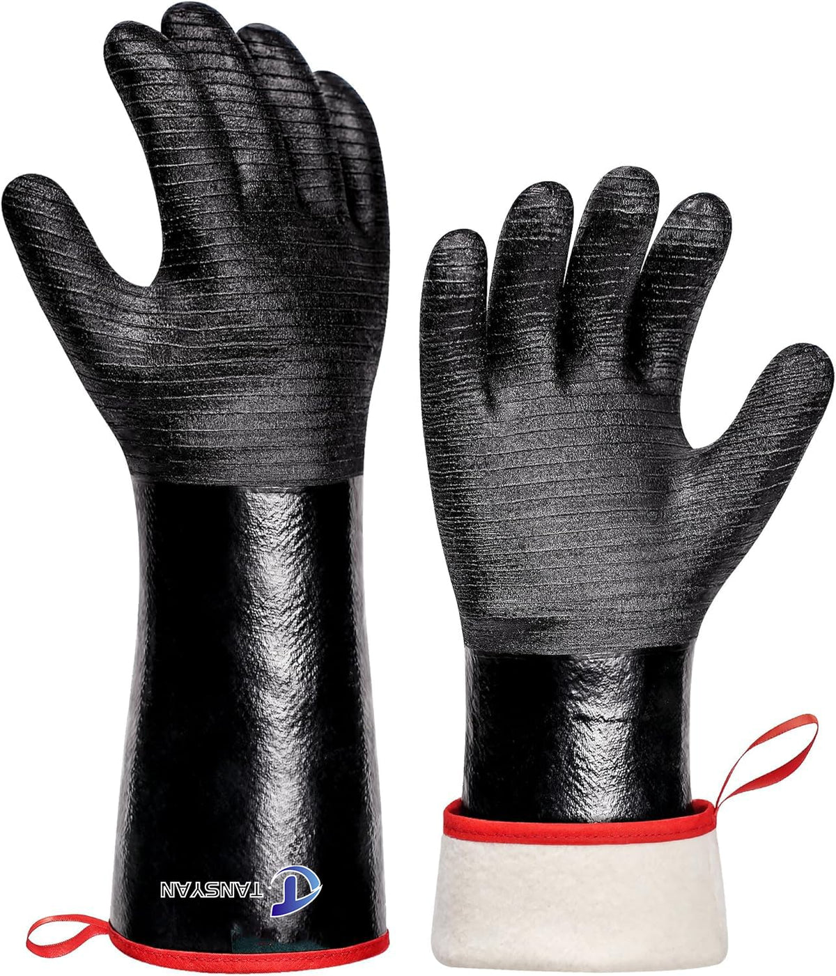 TANSYAN 932°F extreme heat gloves with neoprene coating protect hands during grilling.