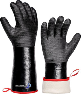 TANSYAN 932°F extreme heat gloves with neoprene coating protect hands during grilling.