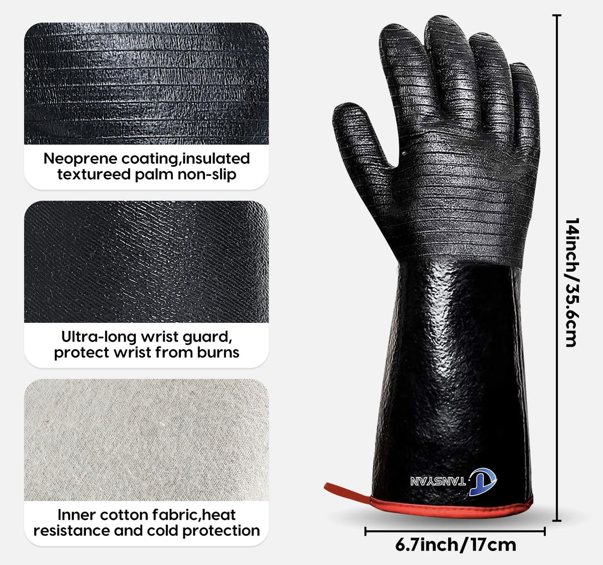 TANSYAN neoprene-coated gloves repel grease for easy cleaning after cooking.