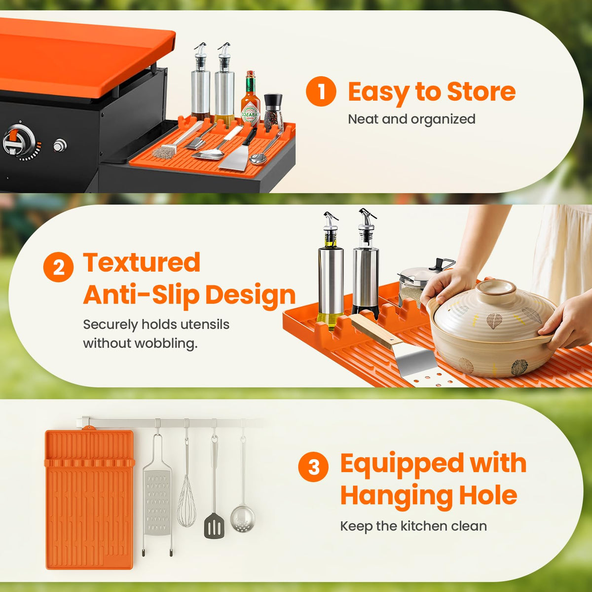 TAOMAND easy-clean silicone mat illustrates quick rinse and reuse.