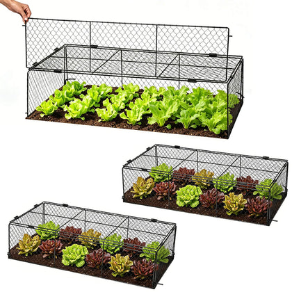 TAOMENNI 3-pack metal plant protectors mounted on raised bed for pest defense