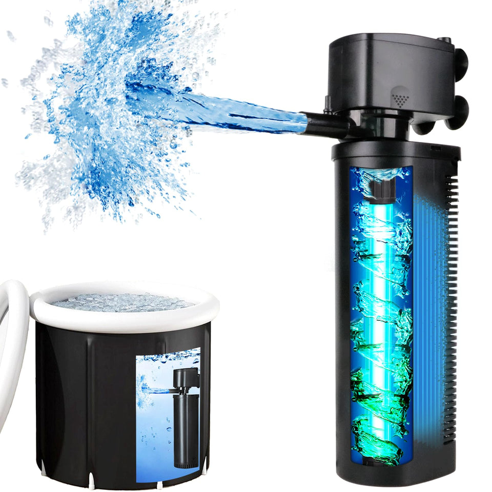 Tararium 600GPH filter front view shows compact setup for bath water