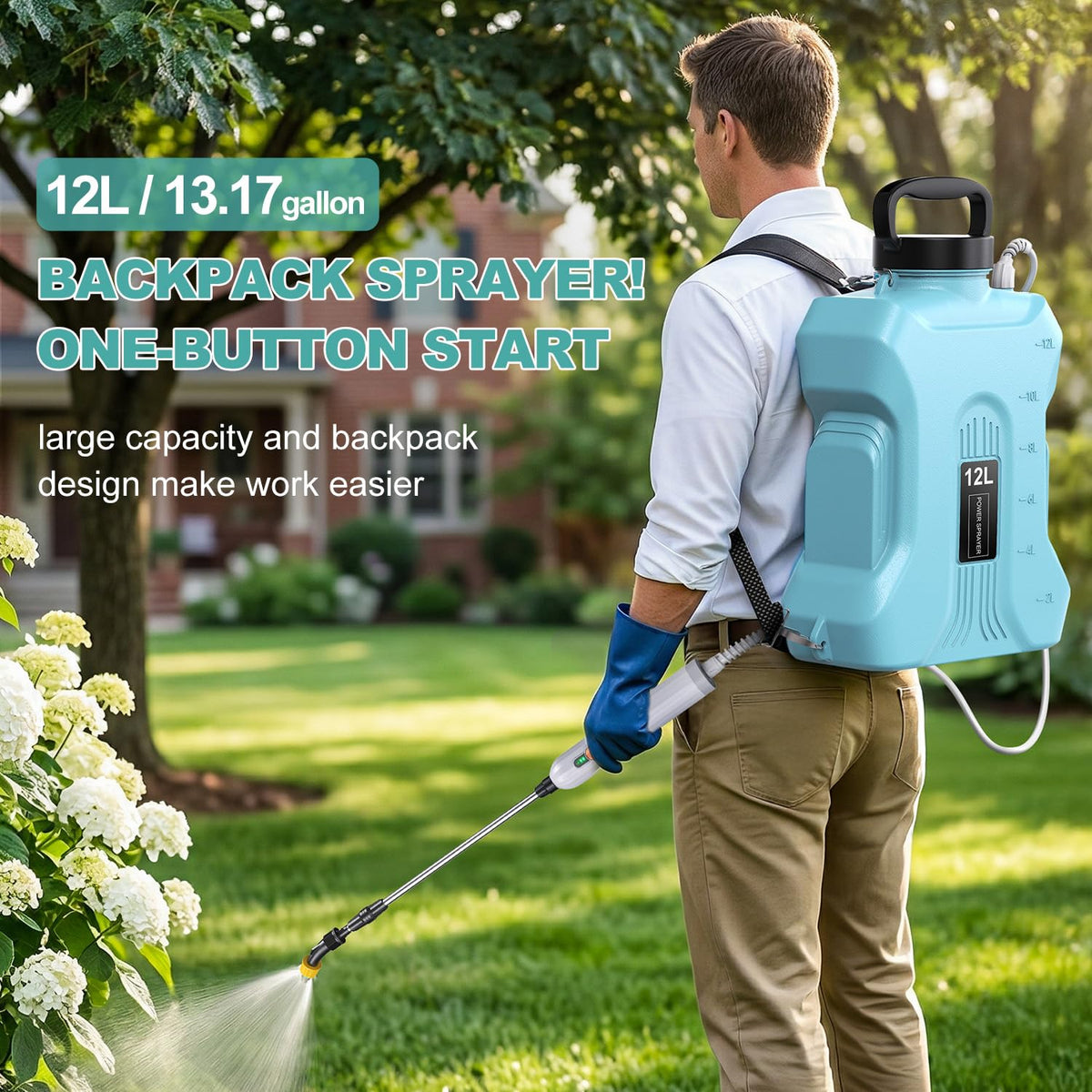 Tarden backpack sprayer shows a 53-inch hose for reduced bending and easier treatment.