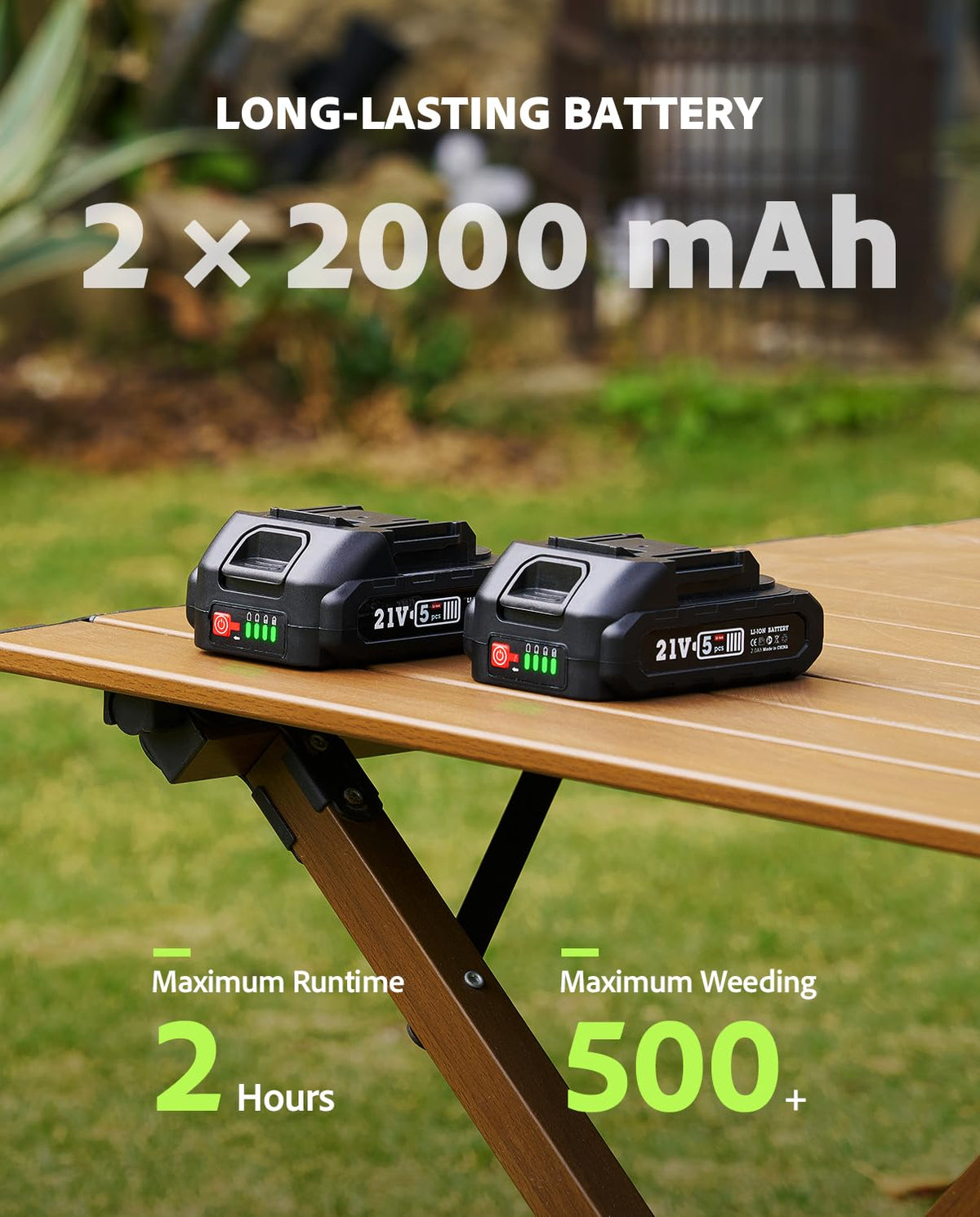 TaskStar dual 2.0Ah batteries keep you gardening longer between charges.