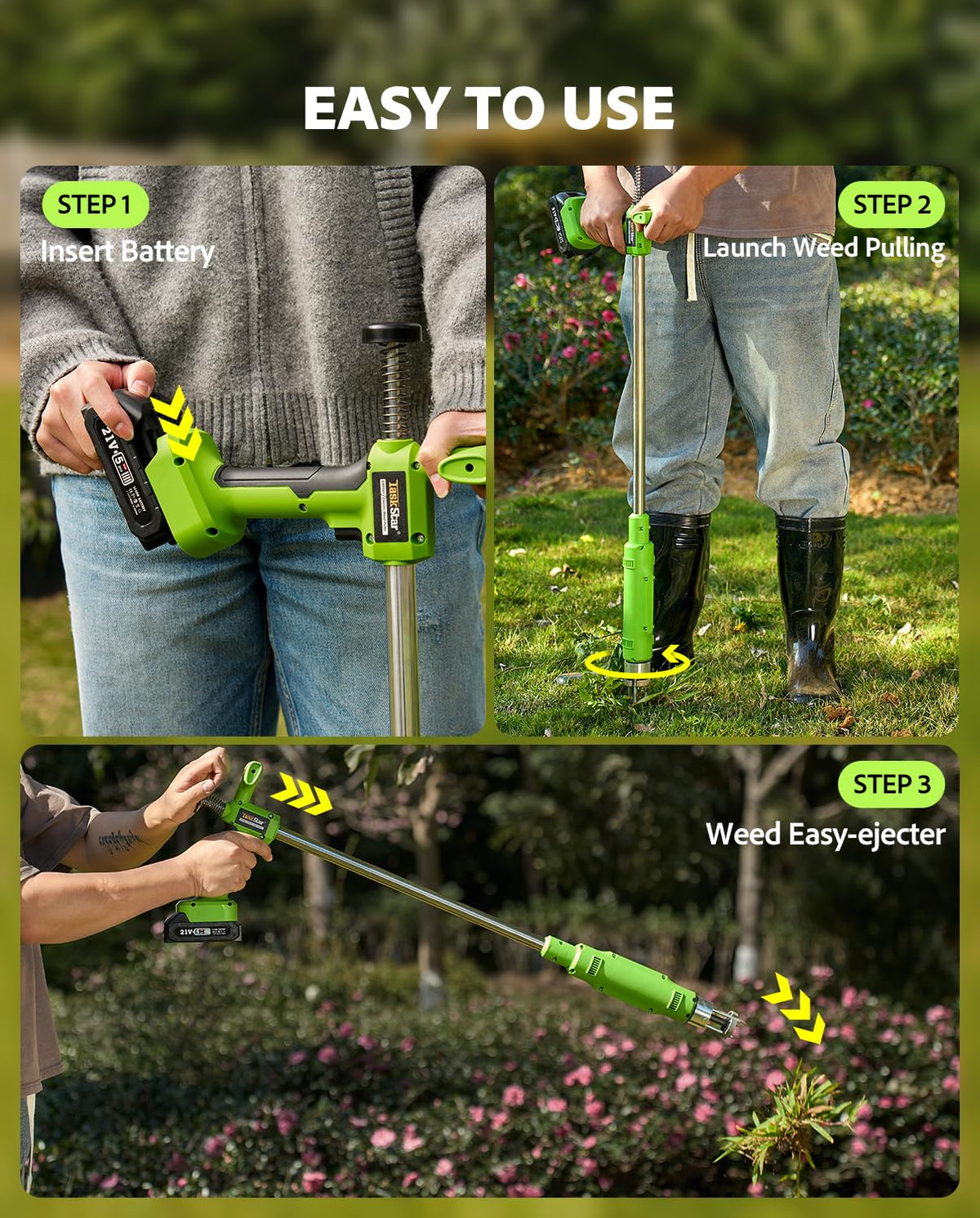 TaskStar complete out-of-box kit includes weed puller, batteries, charger, shovel.