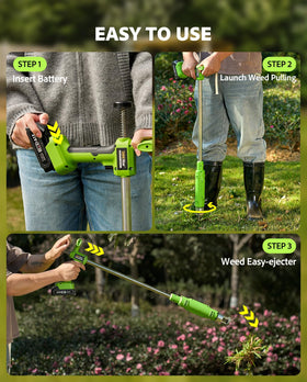 TaskStar complete out-of-box kit includes weed puller, batteries, charger, shovel.