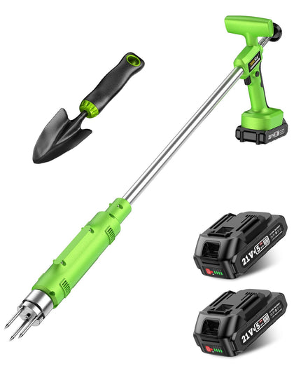 TaskStar electric weed puller in stand-up operation reduces bending and effort.