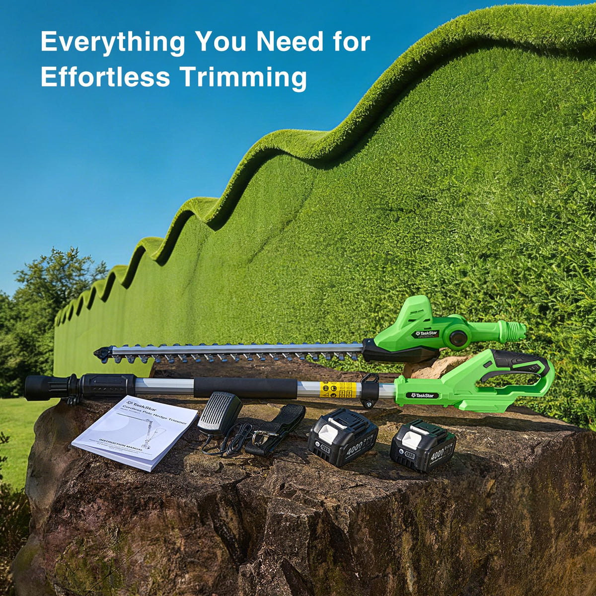 TaskStar battery-powered hedge trimmer offers eco-friendly, quiet yard work.