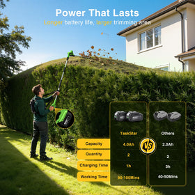 TaskStar cordless hedge trimmer features tool-free assembly for quick setup.