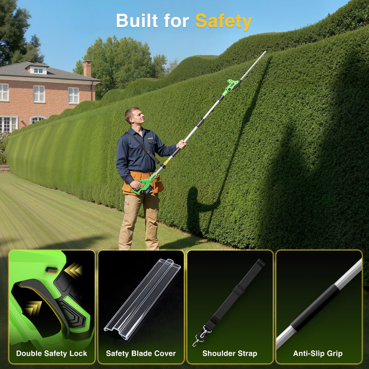 TaskStar hedge trimmer safety features double locks for safer operation.