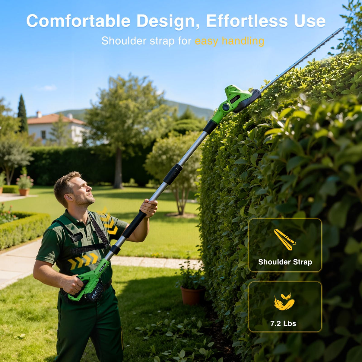 TaskStar hedge trimmer with shoulder strap reduces arm fatigue during tasks.