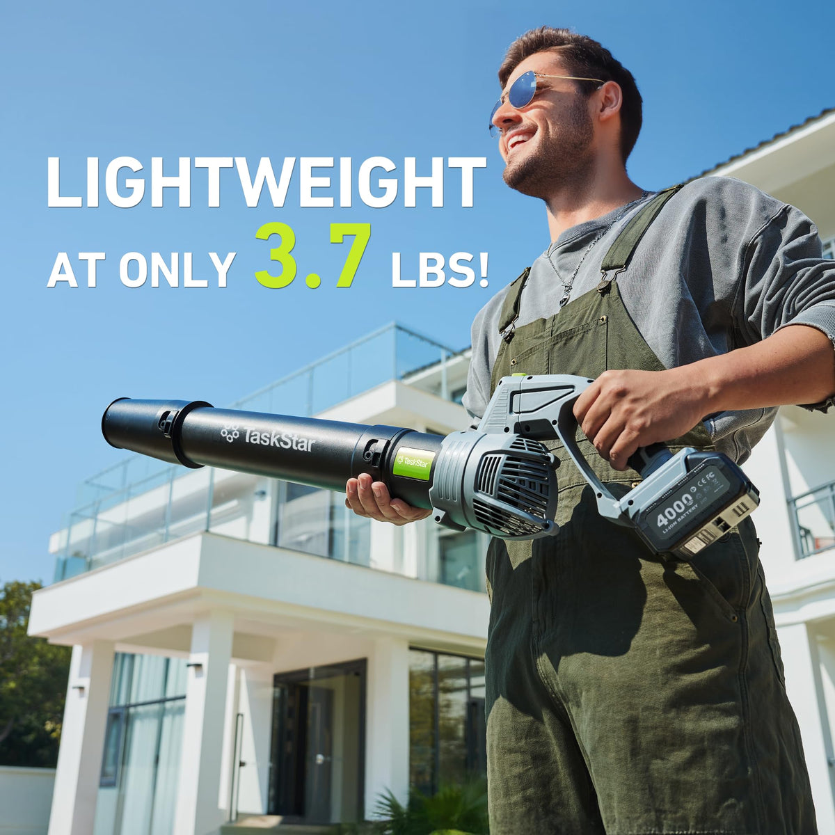 TaskStar leaf blower in yard delivering efficient debris clearance