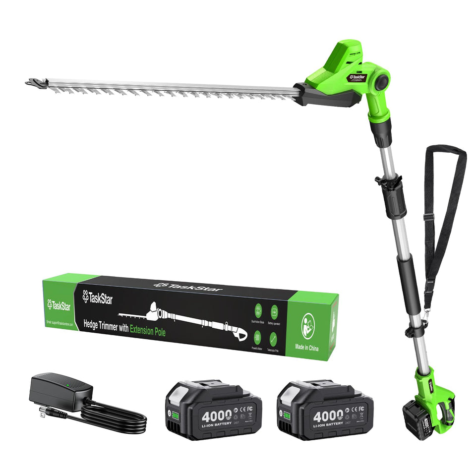TaskStar pole hedge trimmer extended pole enables tall hedge trimming safely.