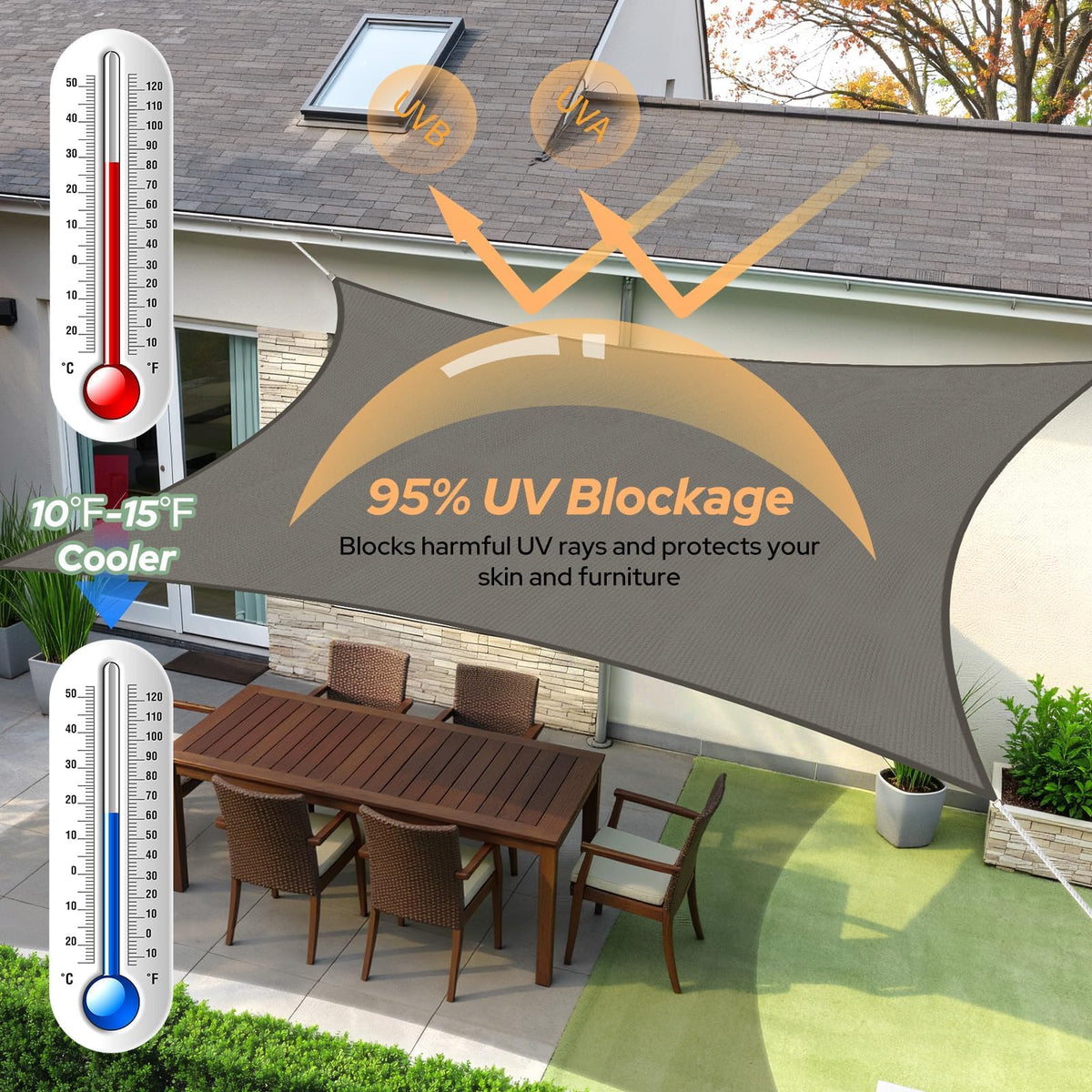 Full outdoor view of gray shade sail providing flexible UV shade.