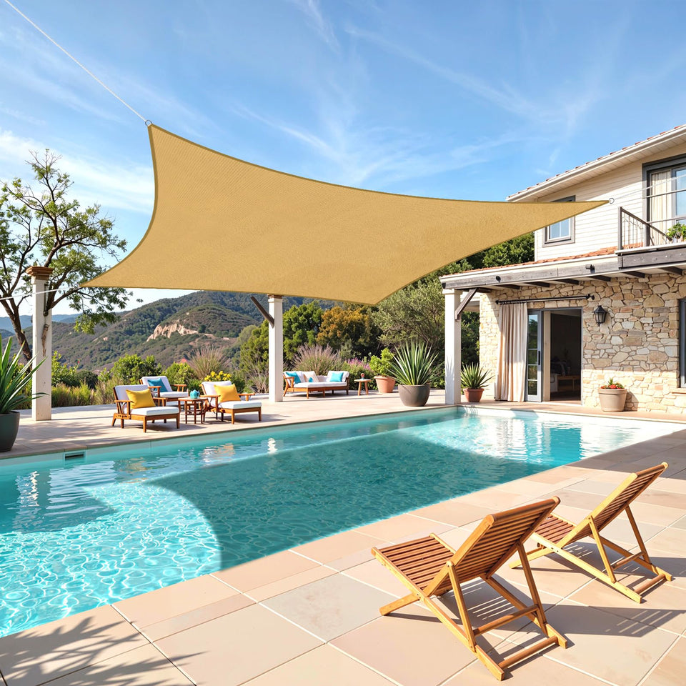 TasticTotes rectangle sun shade sail 8x10 blocks 95% UV rays for patio protection.
