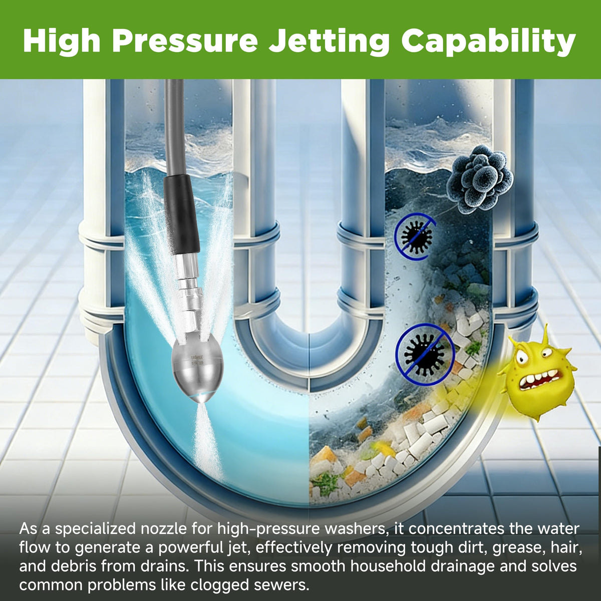 TasuoX stainless steel jetter head showcases durable construction for tough cleaning tasks.