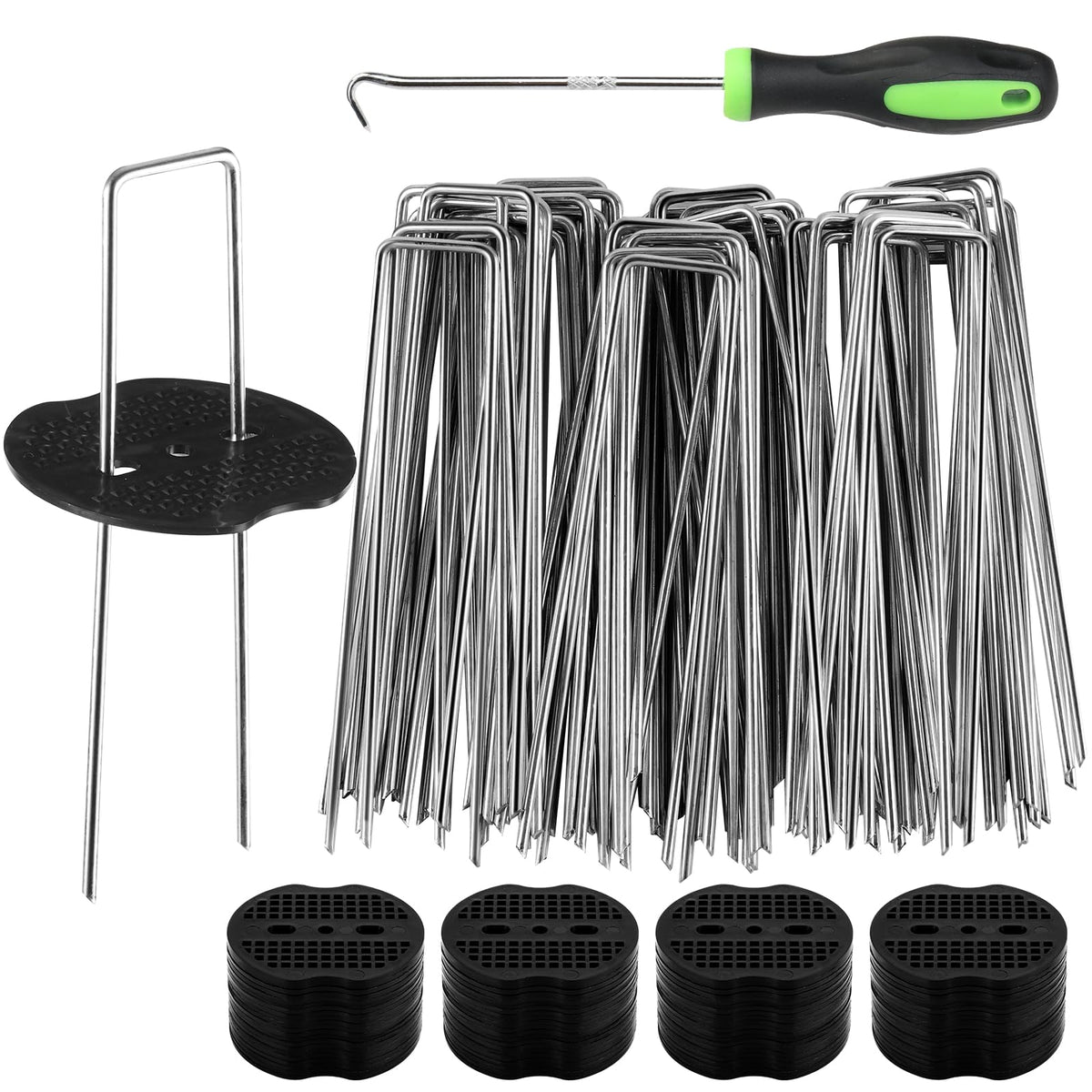 TAYLOON landscape stakes 6 inch with gasket pack for secure weed barrier installation.