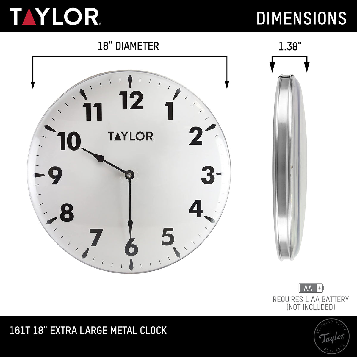 Taylor clock dial face with bold numbers for easy time-check from afar.