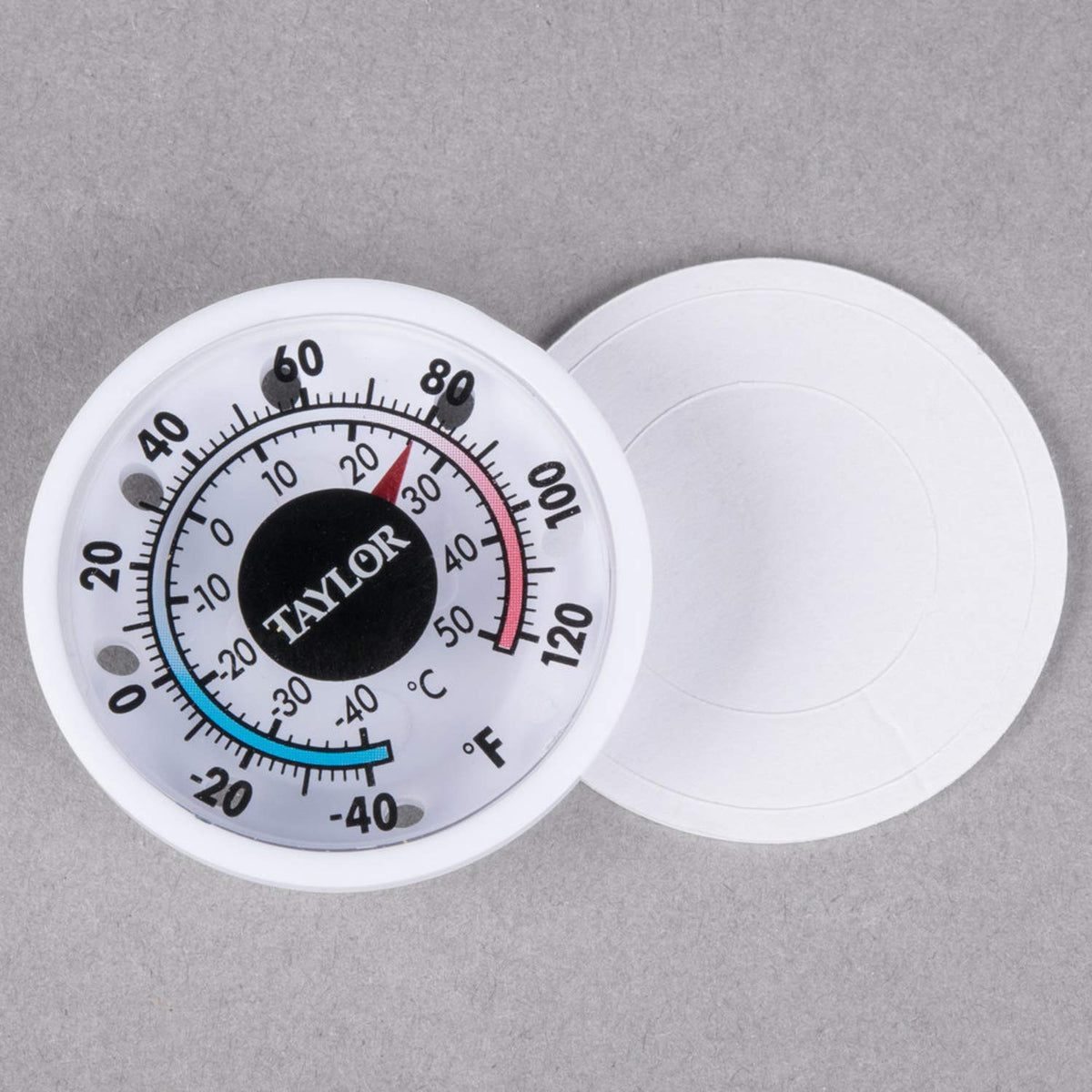Taylor 5380n adhesive thermometer back view, easy stick-on mounting.