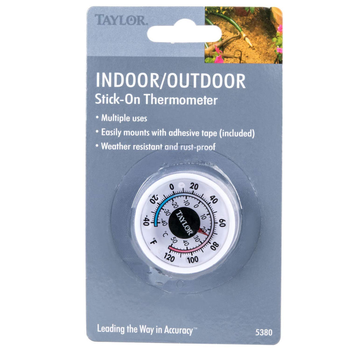 Taylor 5380n mini thermometer front view, accurate indoor and outdoor readings.