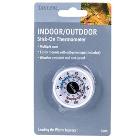 Taylor 5380n mini thermometer front view, accurate indoor and outdoor readings.