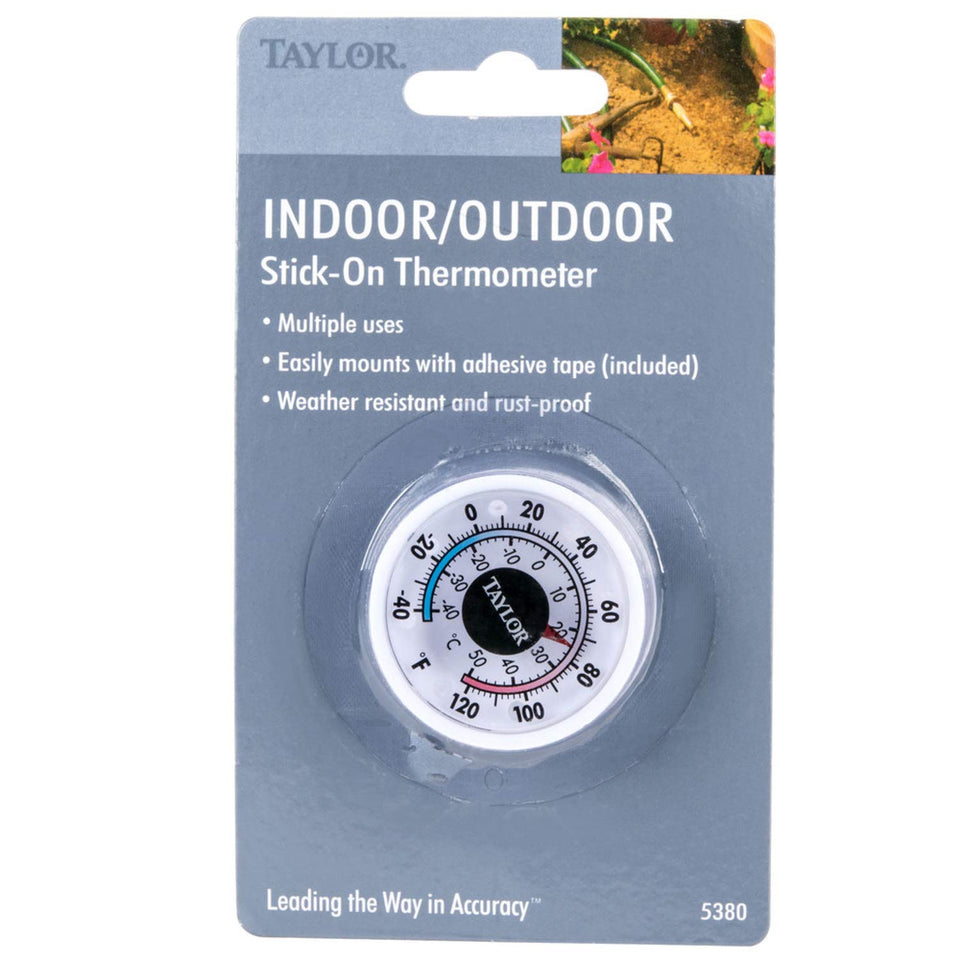 Taylor 5380n mini thermometer front view, accurate indoor and outdoor readings.