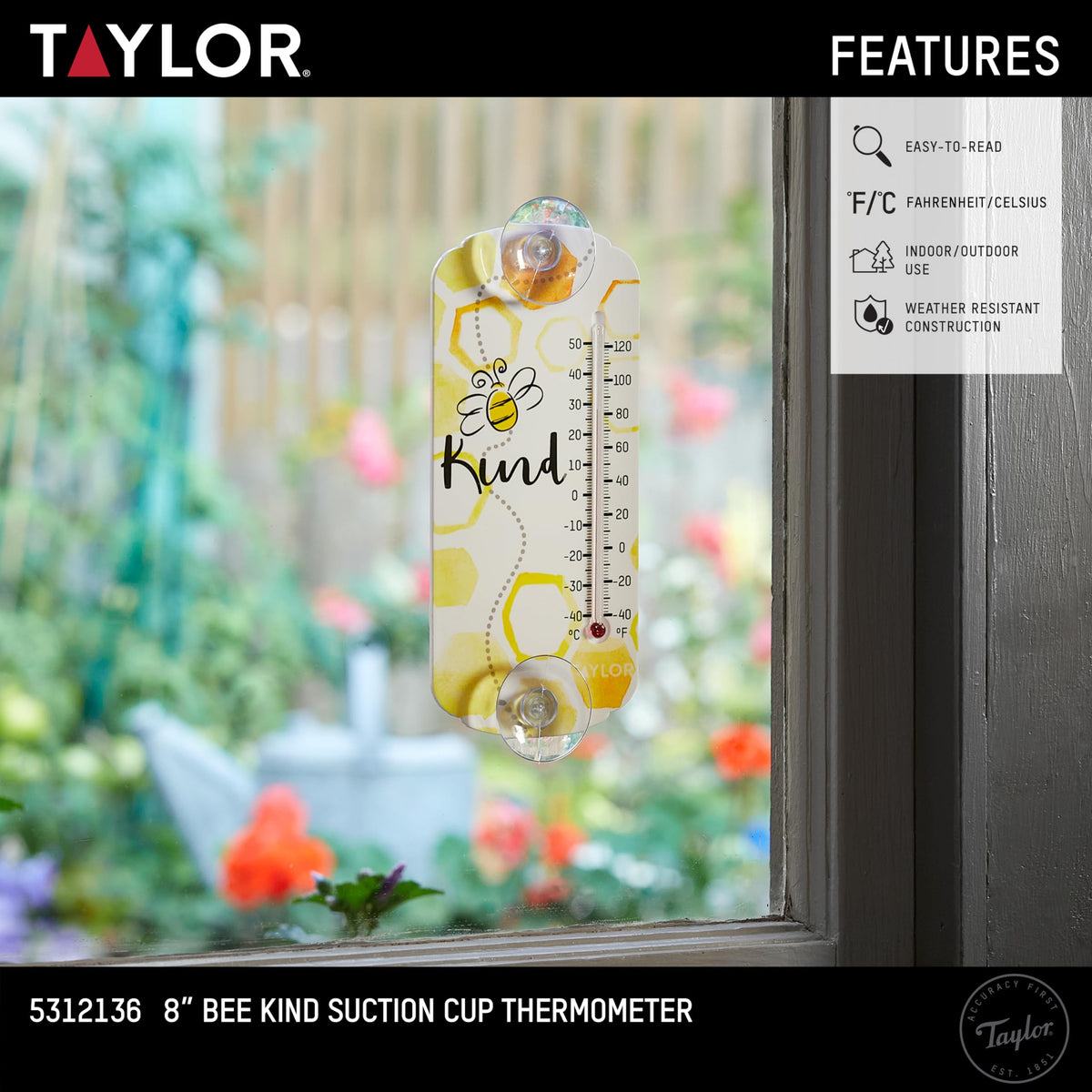 Taylor Bee Kind thermometer close-up showing bright red liquid for quick readings.