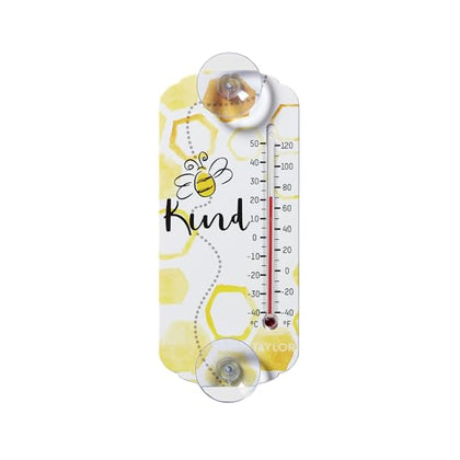 Taylor Bee Kind thermometer mounted on suction cup for outdoor viewing.