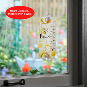 Taylor Bee Kind thermometer with UV-resistant graphics enduring sun and rain.