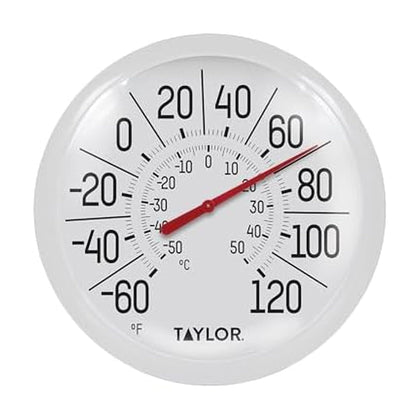 Taylor Big & Bold thermometer face with white bezel for easy outdoor readings.