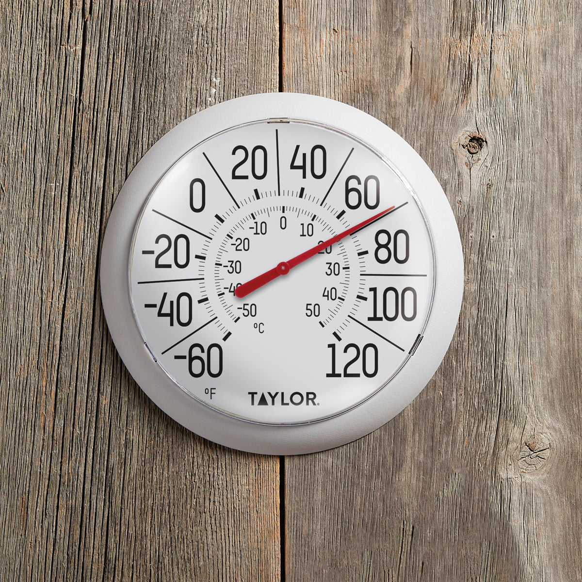 Taylor thermometer mounted on patio or garage wall for easy checks.