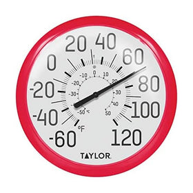 Taylor Big and Bold wall thermometer with bezel frame for indoor or outdoor monitoring.