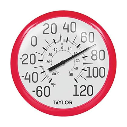 Taylor Big and Bold wall thermometer with bezel frame for indoor or outdoor monitoring.