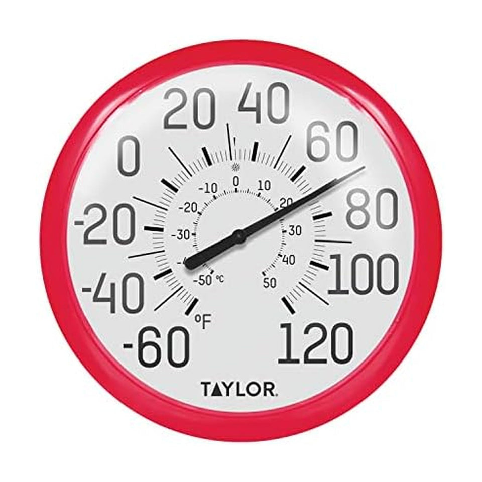 Taylor Big and Bold wall thermometer with bezel frame for indoor or outdoor monitoring.