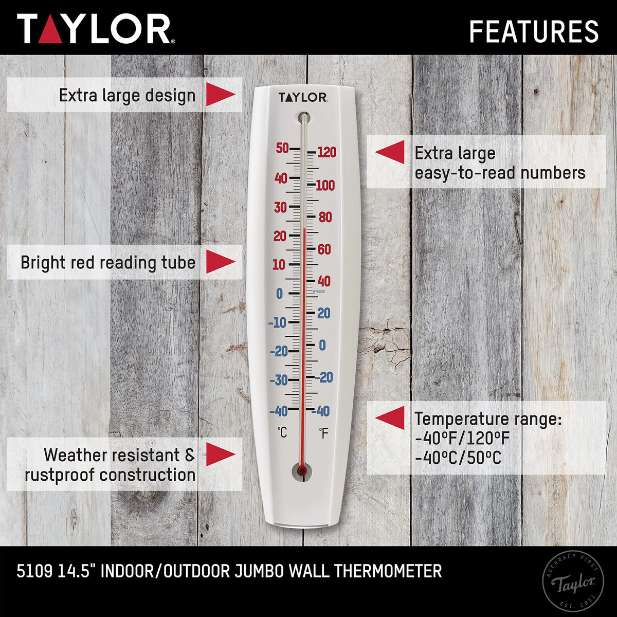 Taylor thermometer with bright numbers and red tube enhances distance readability.