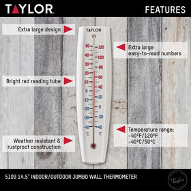Taylor thermometer with bright numbers and red tube enhances distance readability.