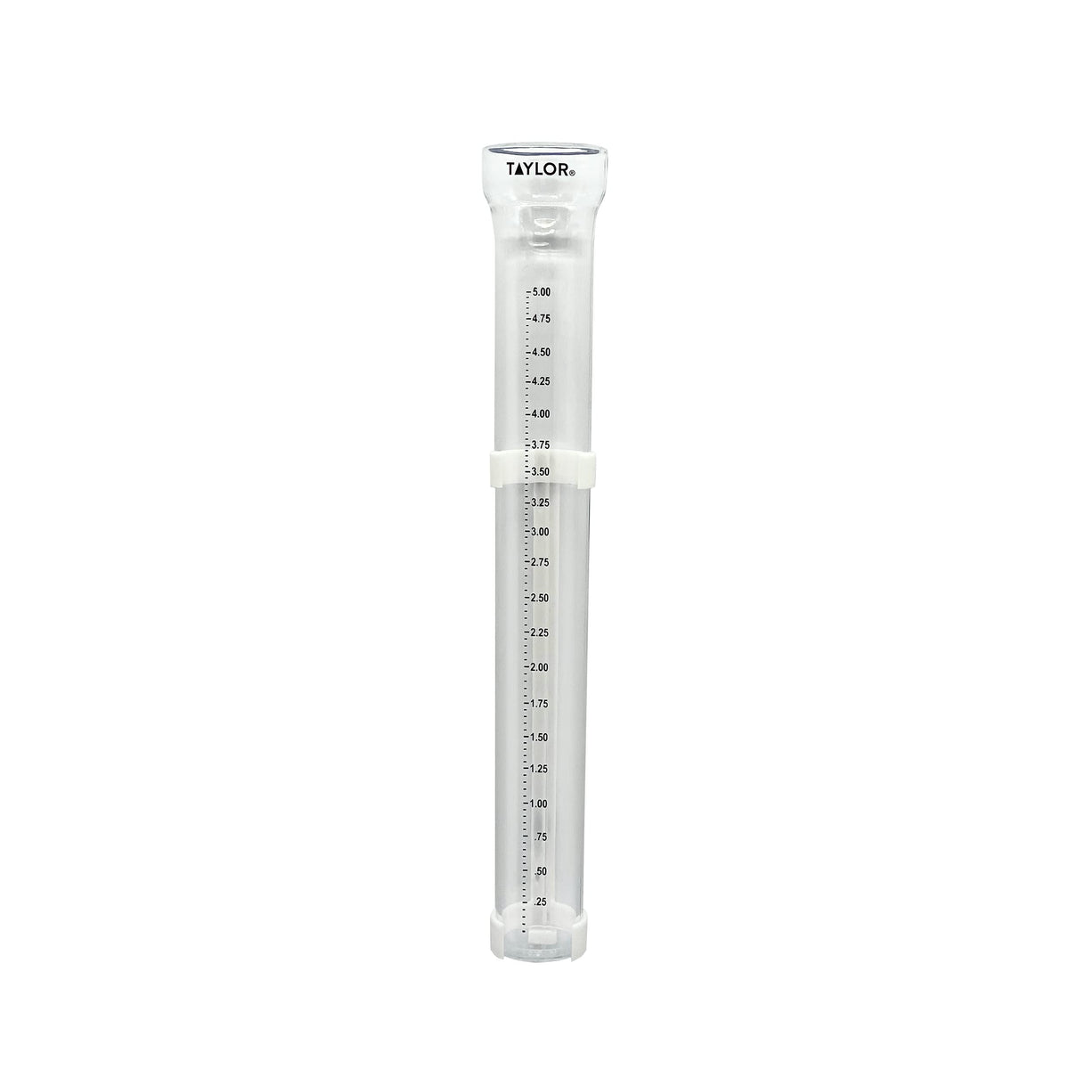 Taylor ClearVu rain gauge mounted on a post for precise garden readings