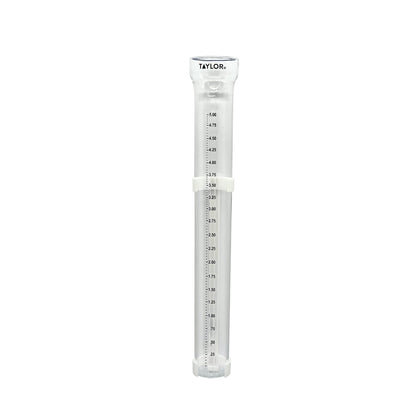 Taylor ClearVu rain gauge mounted on a post for precise garden readings