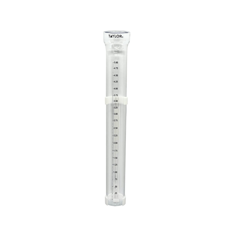 Taylor ClearVu rain gauge mounted on a post for precise garden readings