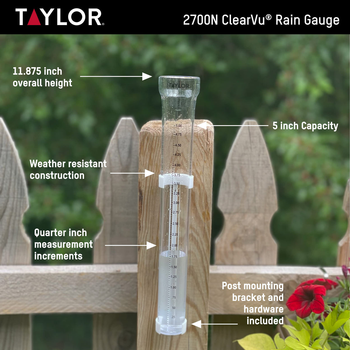 Taylor ClearVu rain gauge face showing clear measurement readings
